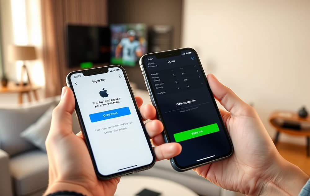 Person som gjør et innskudd med Apple Pay på en betting-app på iPhone, med bekreftelse på skjermen.