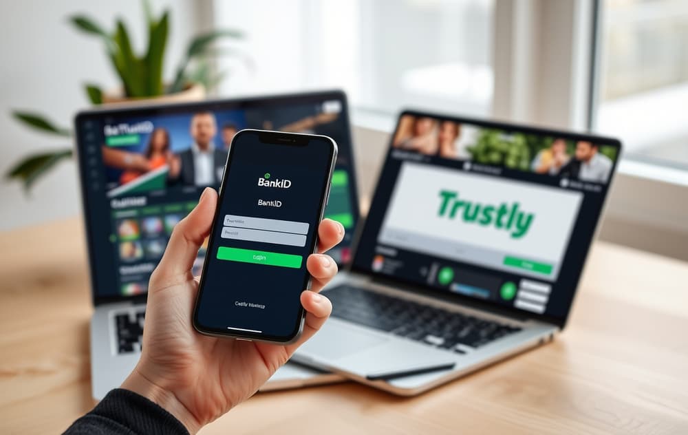 Person som logger inn med BankID på mobil for å sette inn penger på en bettingside med Trustly