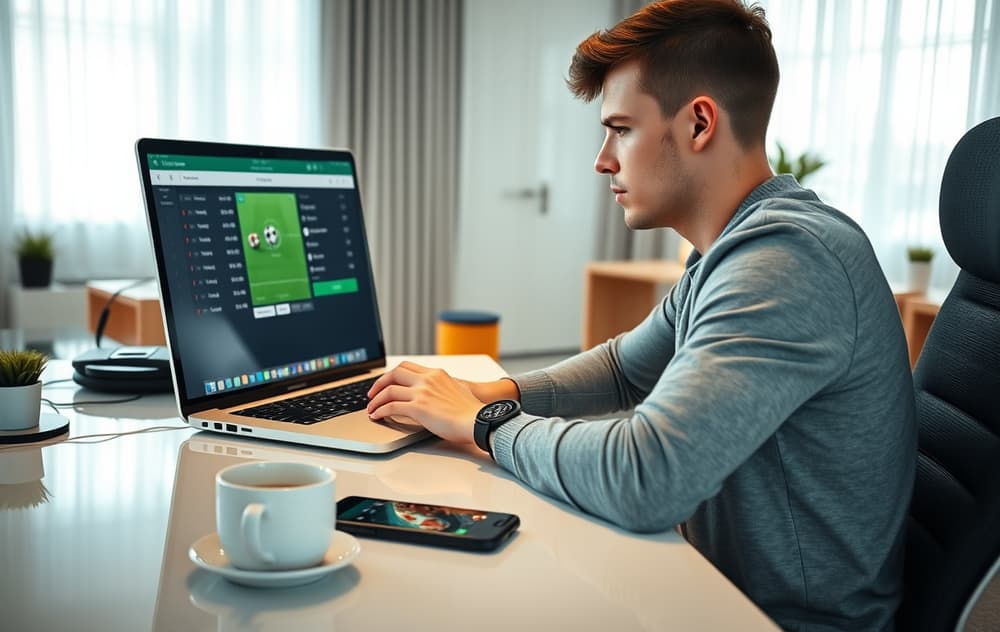 Ung mann som sjekker odds på laptop og mobil, norsk bettingguide