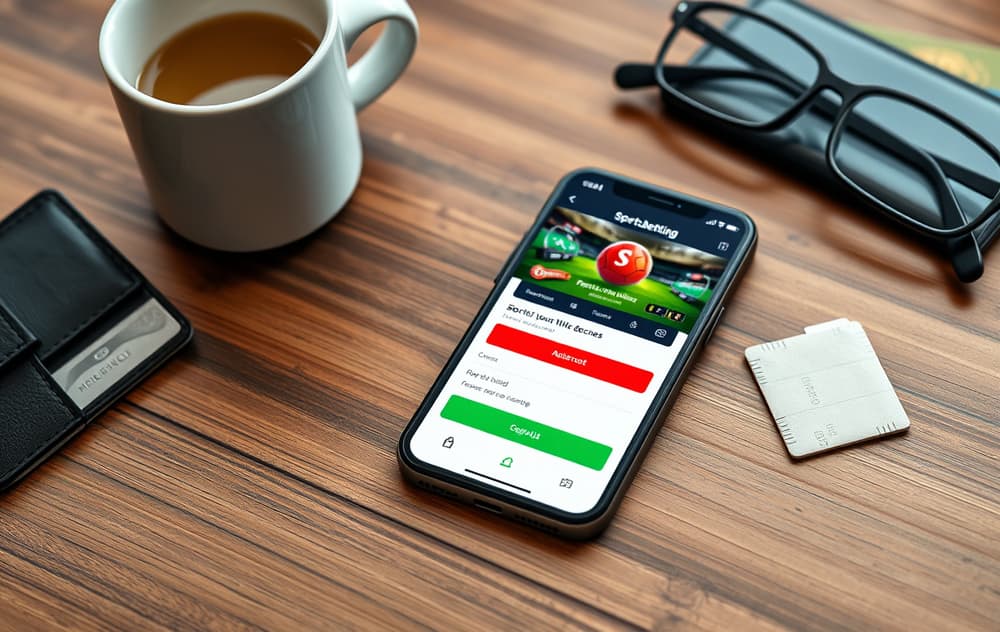 Smarttelefon med bettingapp som viser vellykket innskudd, ved siden av kopp og lommebok.
