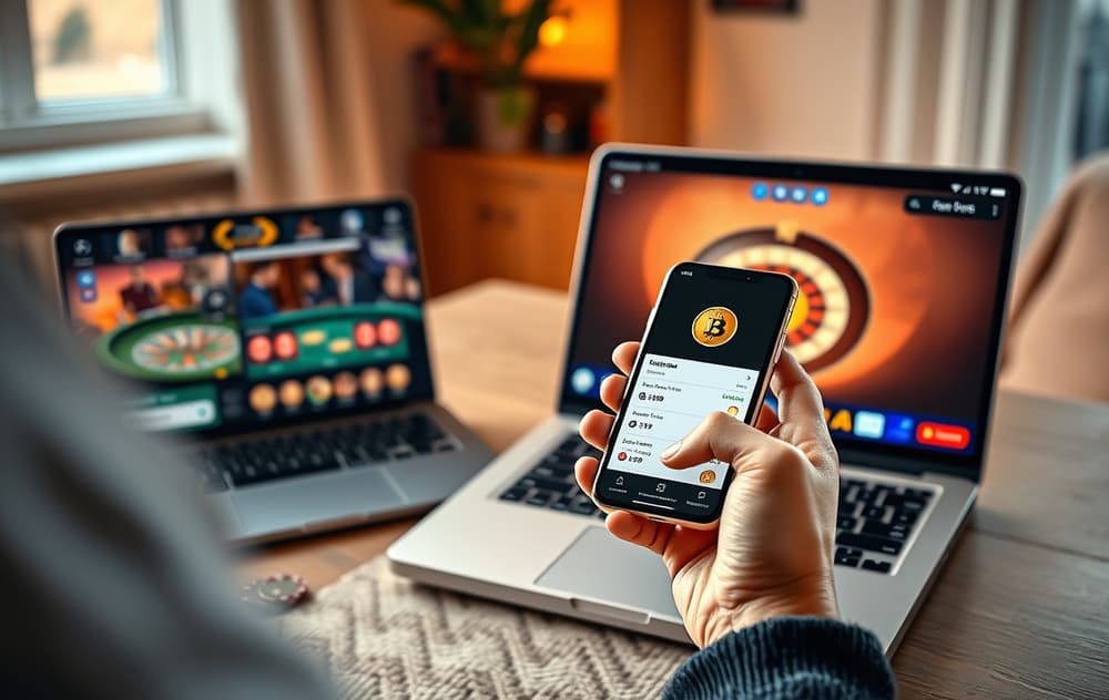Person som spiller på kryptocasino på mobil og laptop.